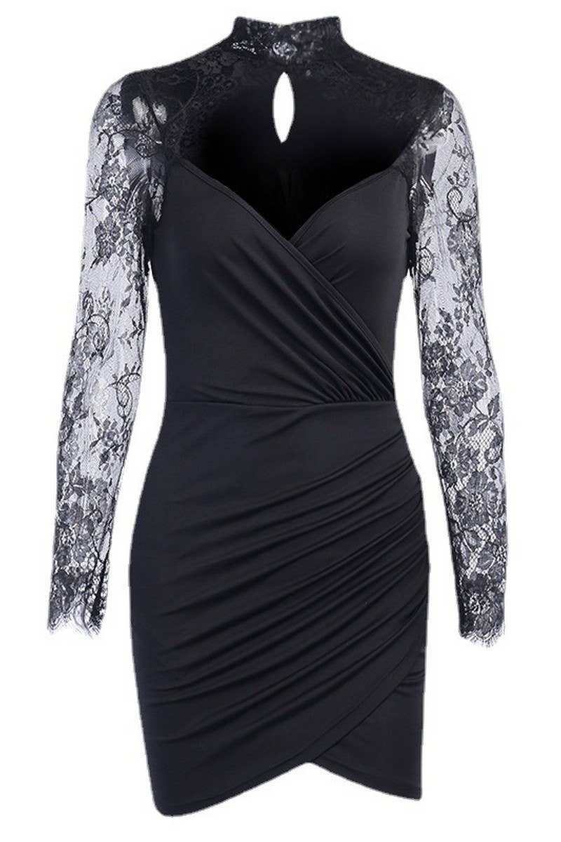 CWDSD6718_BLACK SEXY KNITTED LACE LONG SLEEVE DRESS