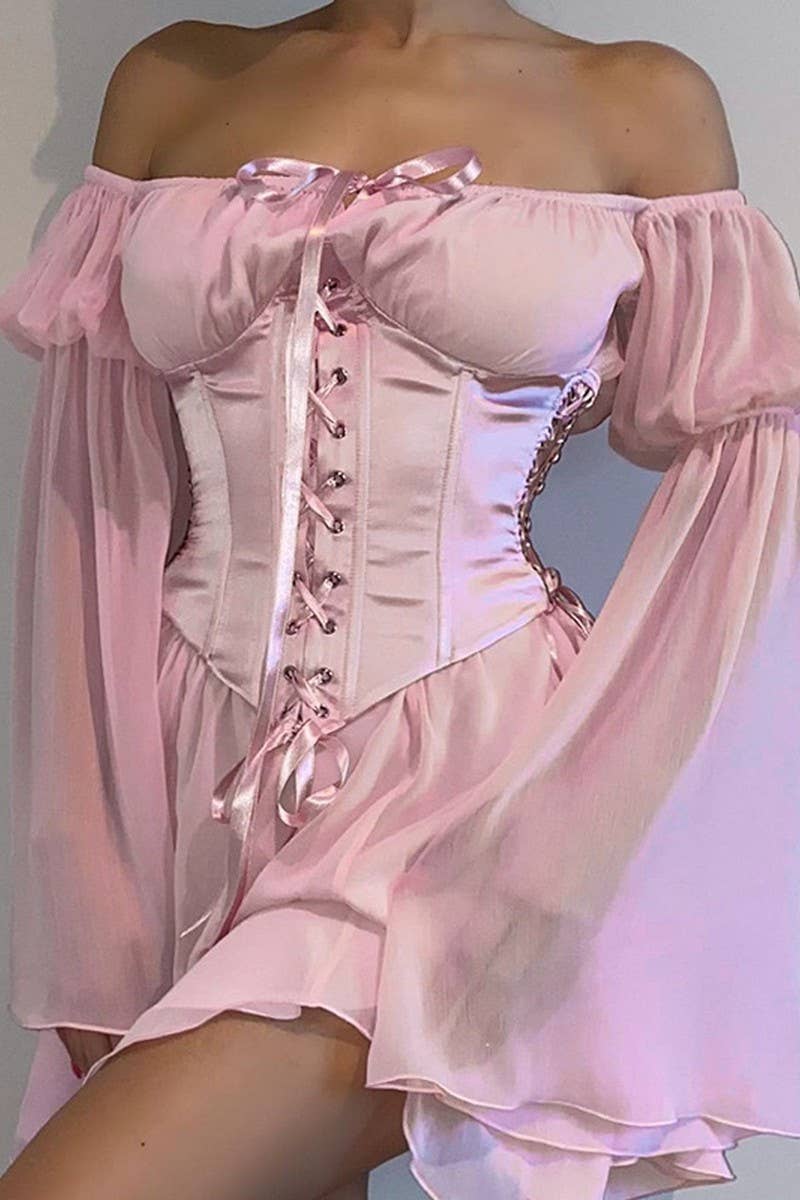 CWDSD6716_OFF-THE-SHOULDER TIE WAIST FLARED SLEEVE DRESS