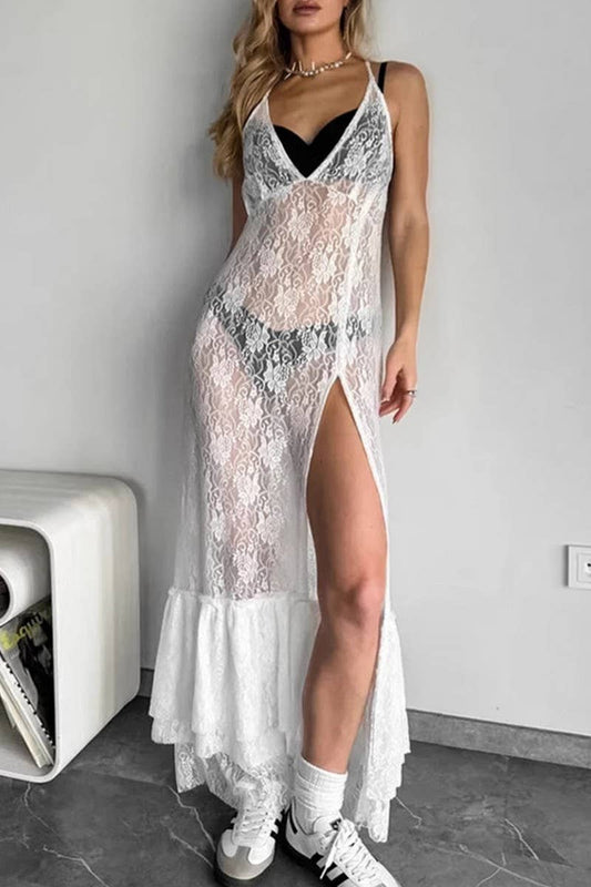 CWDMD955_SHEER LACE V-NECK SLIT SUSPENDER DRESS