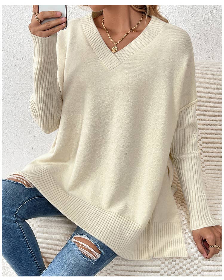 V-neck casual patchwork long-sleeved sweater