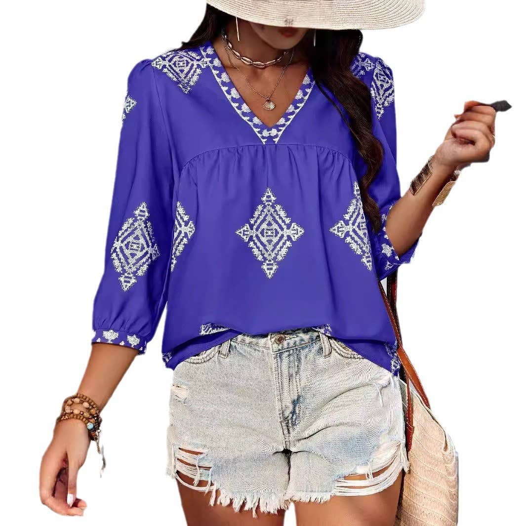 Stylish printed seven-quarter sleeve V-neck top