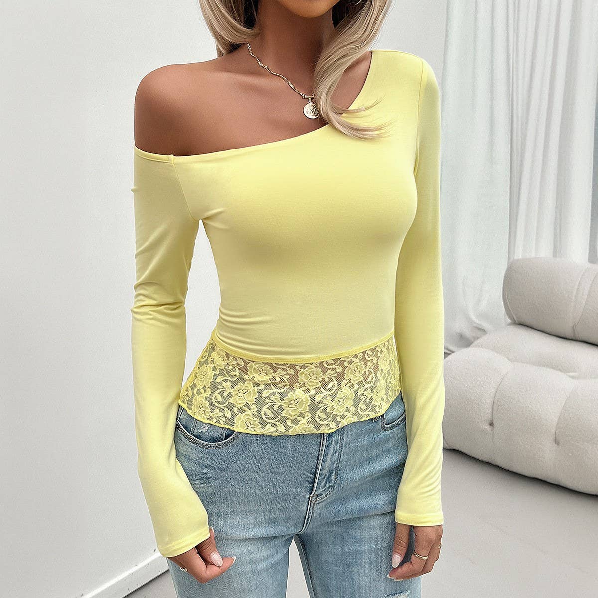 Sexy slim knit long-sleeved one-shoulder T-shirt