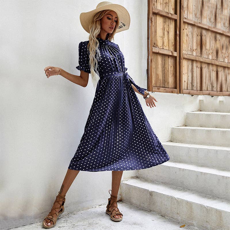 Polka dot lace-up pleated dress