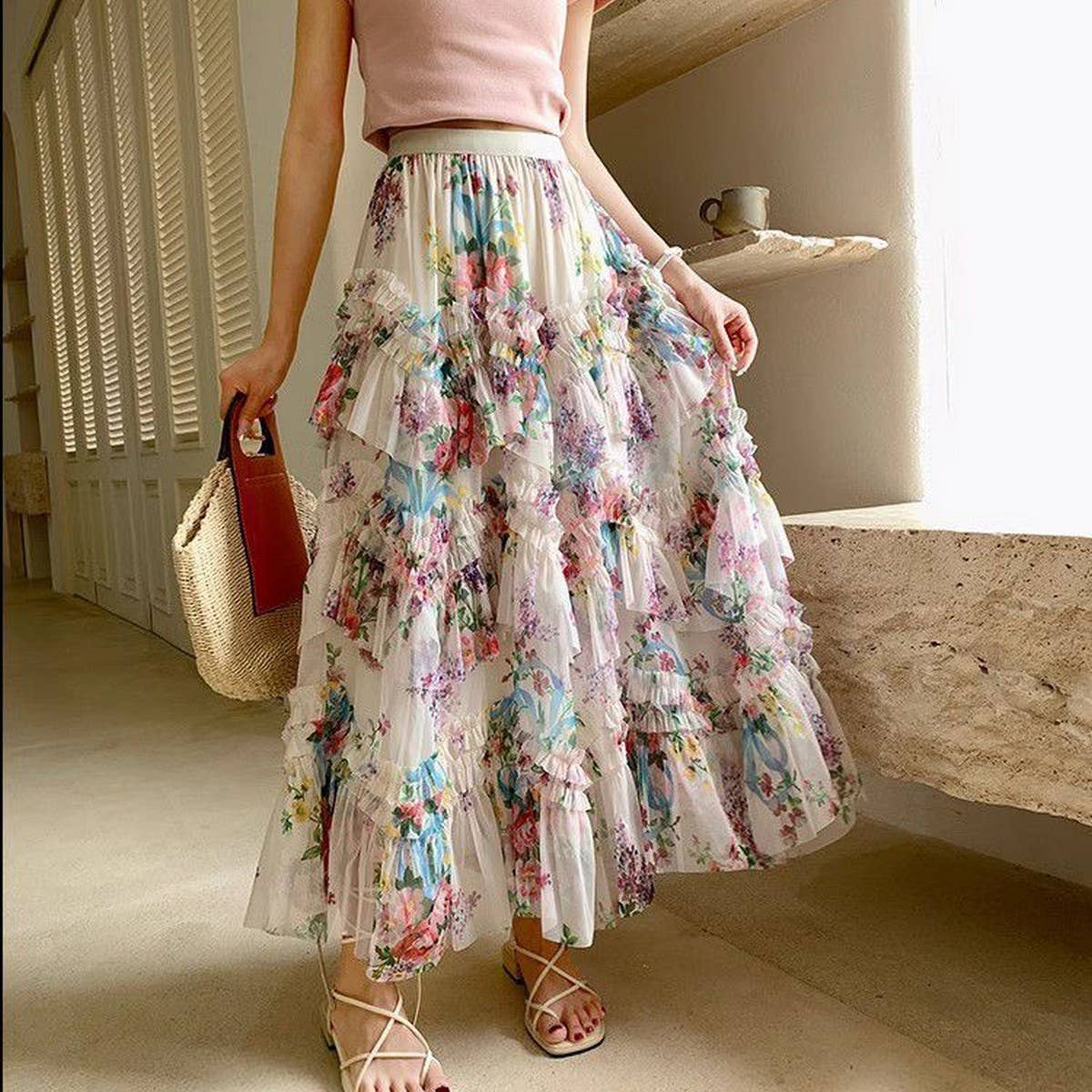 COLORFUL FLORAL MESH PRINT PLEATED TULLE SKIRT