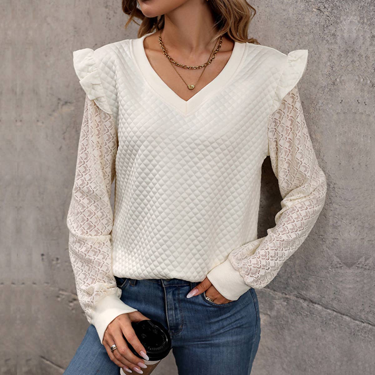 TEXTURE RUFFLED LACE PATCHWORK HOODIE