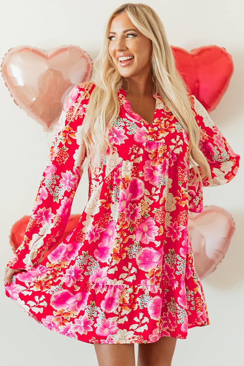 HOLIDAY HIGH-WAISTED FLORAL PRINT V-NECK DRESS