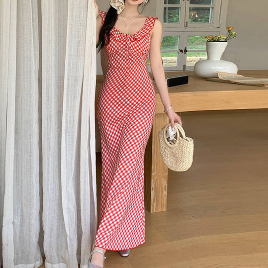 Retro tea break vacation checkered halter dress