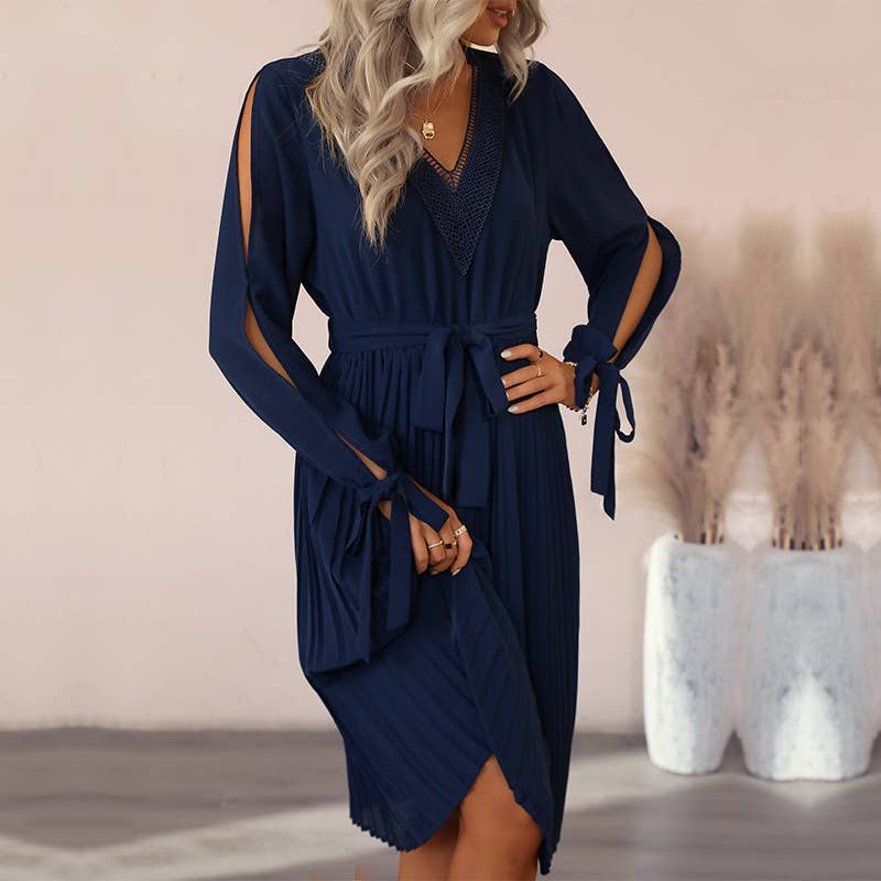 TEMPERAMENT HOLLOW LONG SLEEVE SOLID COLOR DRESS