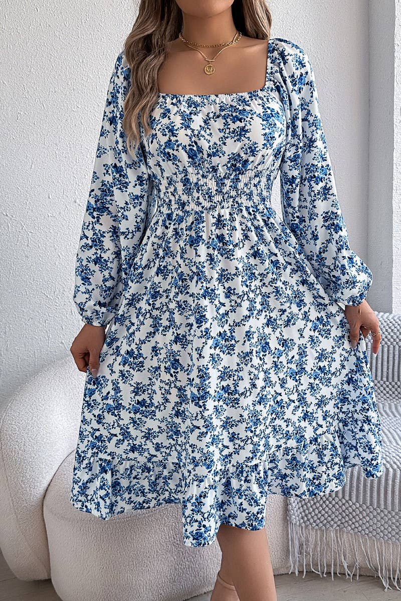 CWDMD6025_FLORAL SQUARE NECK LONG SLEEVE RUFFLE DRESS
