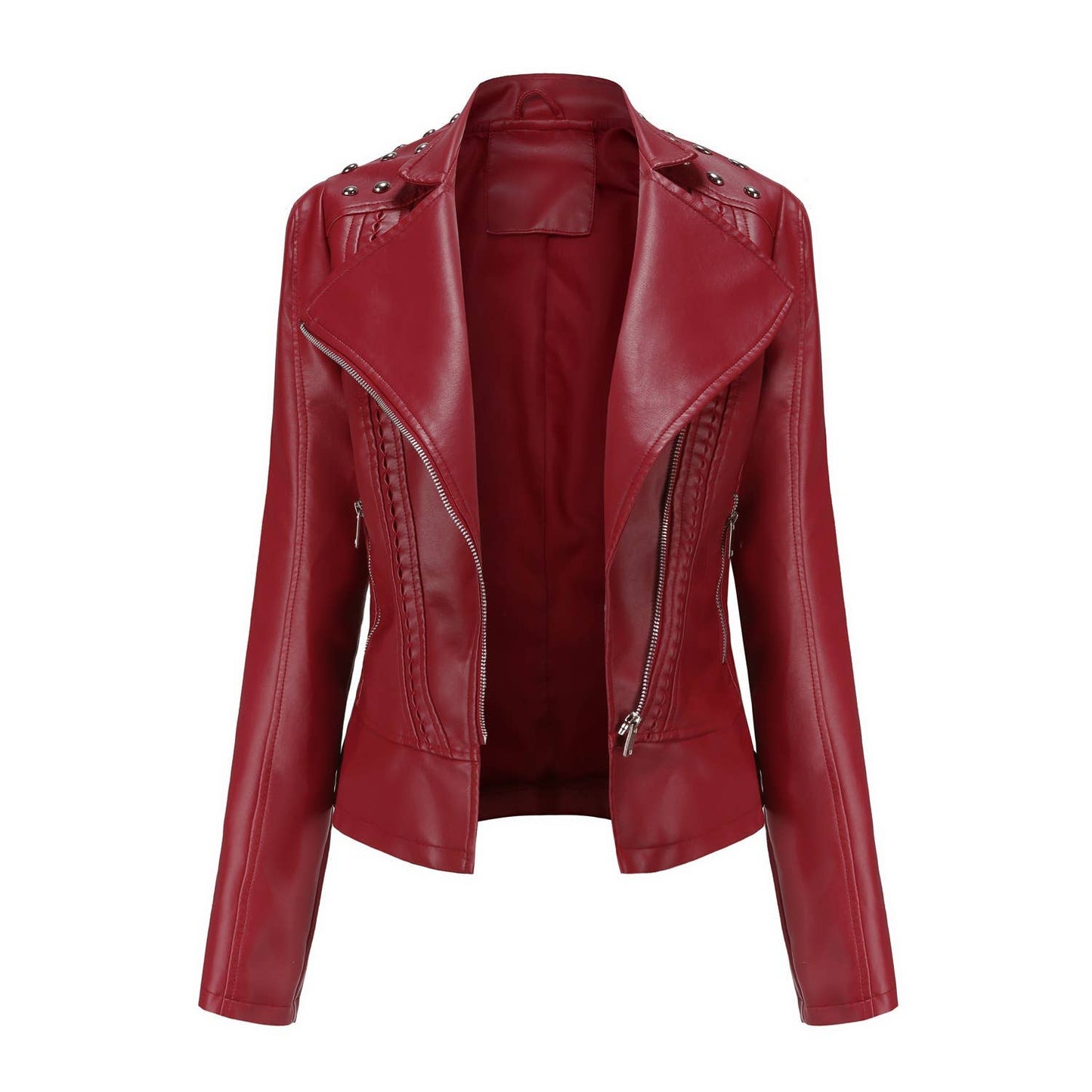 Thin beaded leather biker jacket with lapel