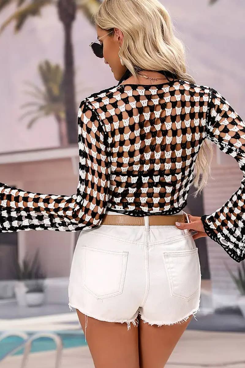 CWTBLS1756_SPRING AND SUMMER HOLLOW BIKINI BEACH COVER-UP