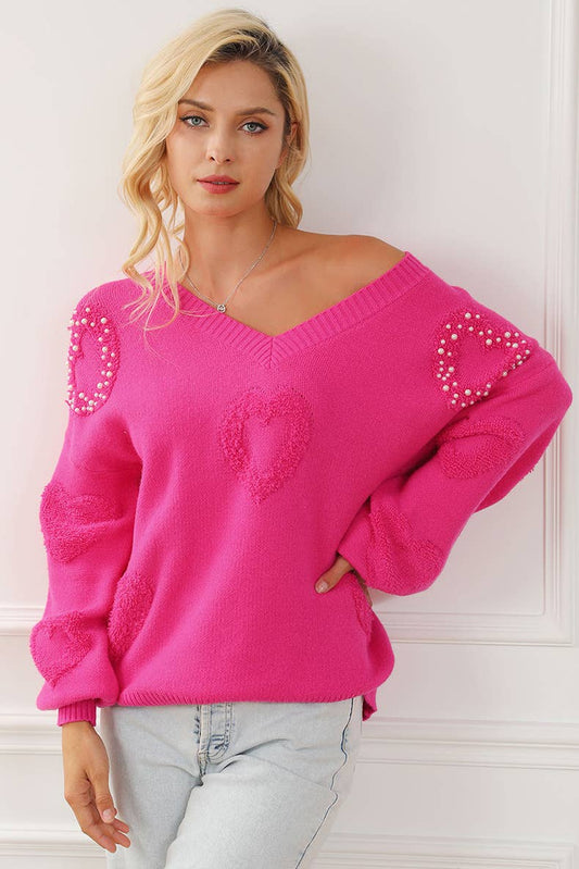 V-neck three-dimensional pearl pullover sweater