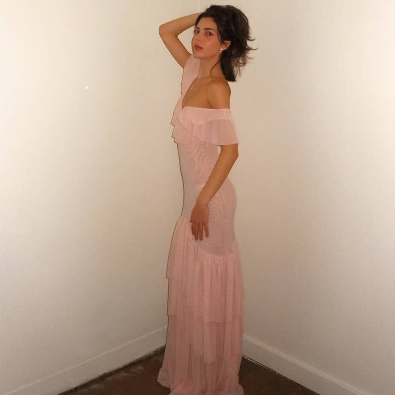 Ruffled V-Neck Mesh Backless Midi Dress