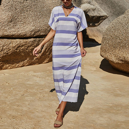 SEXY V-NECK STRIPED PRINT SHORT-SLEEVED DRESS