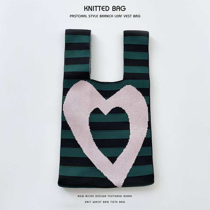 Heart-shaped color-blocked knitted handbag