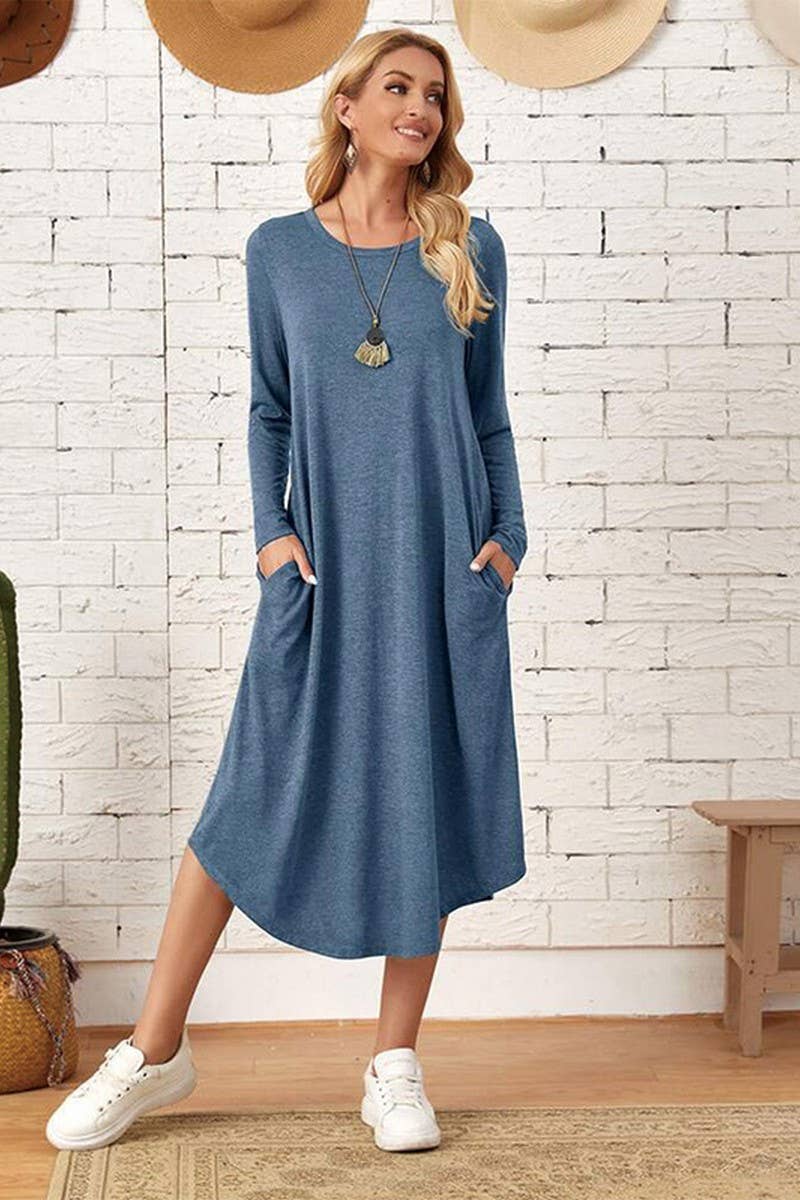 CWDMD3948_SOLID COLOR CASUAL LONG SLEEVE LONG DRESS
