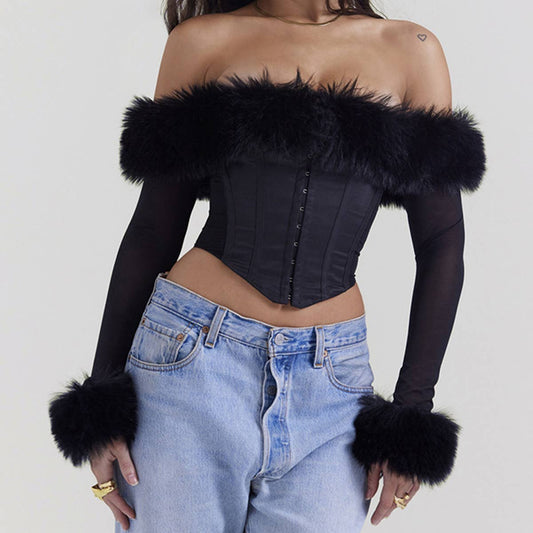 Sexy Fur One-Shoulder Mesh Asymmetrical Top