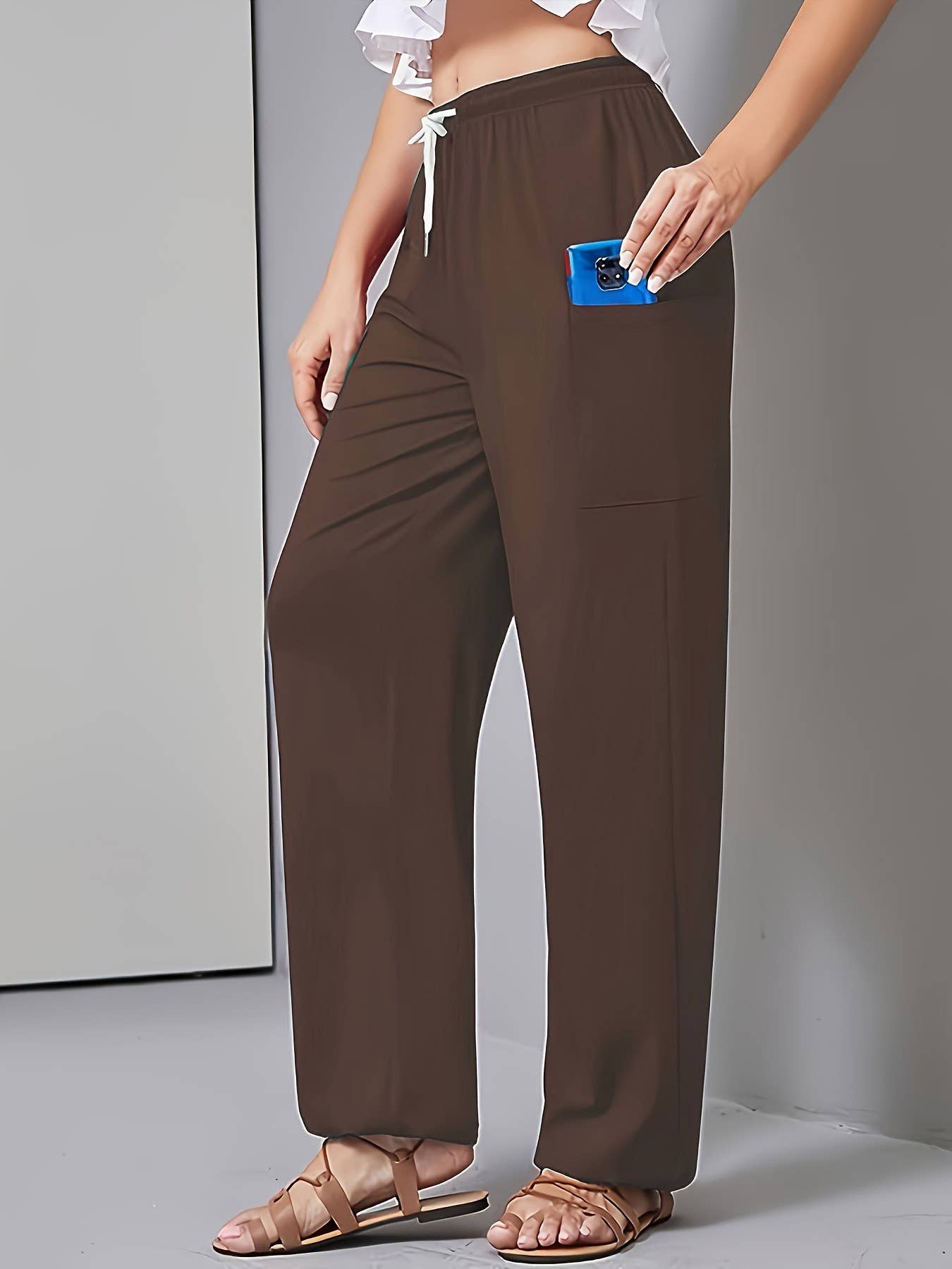 ELASTIC BELT DRAWSTRING HIGH-WAISTED HAREM PANTS