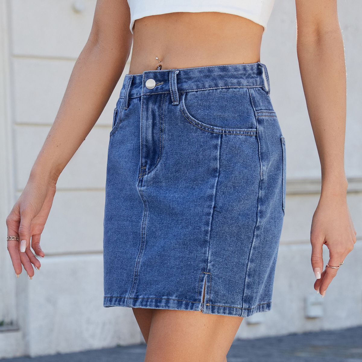 Women??¢s Washed Denim Bodycon Skirt with Slit_CWJSK0207
