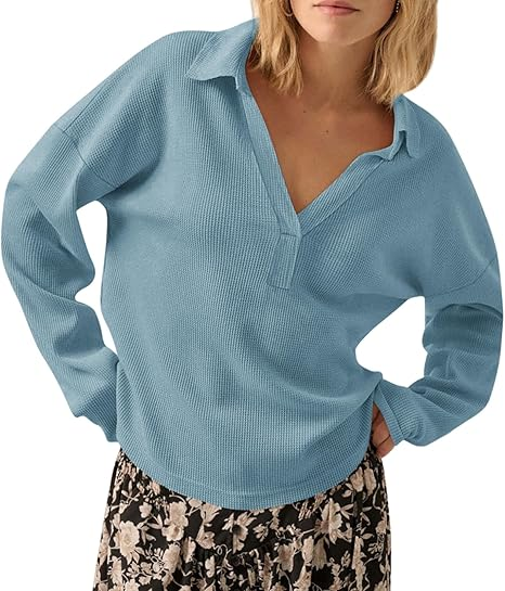 V-NECK LOOSE LONG-SLEEVED WAFFLE PATTERNED HOODIE