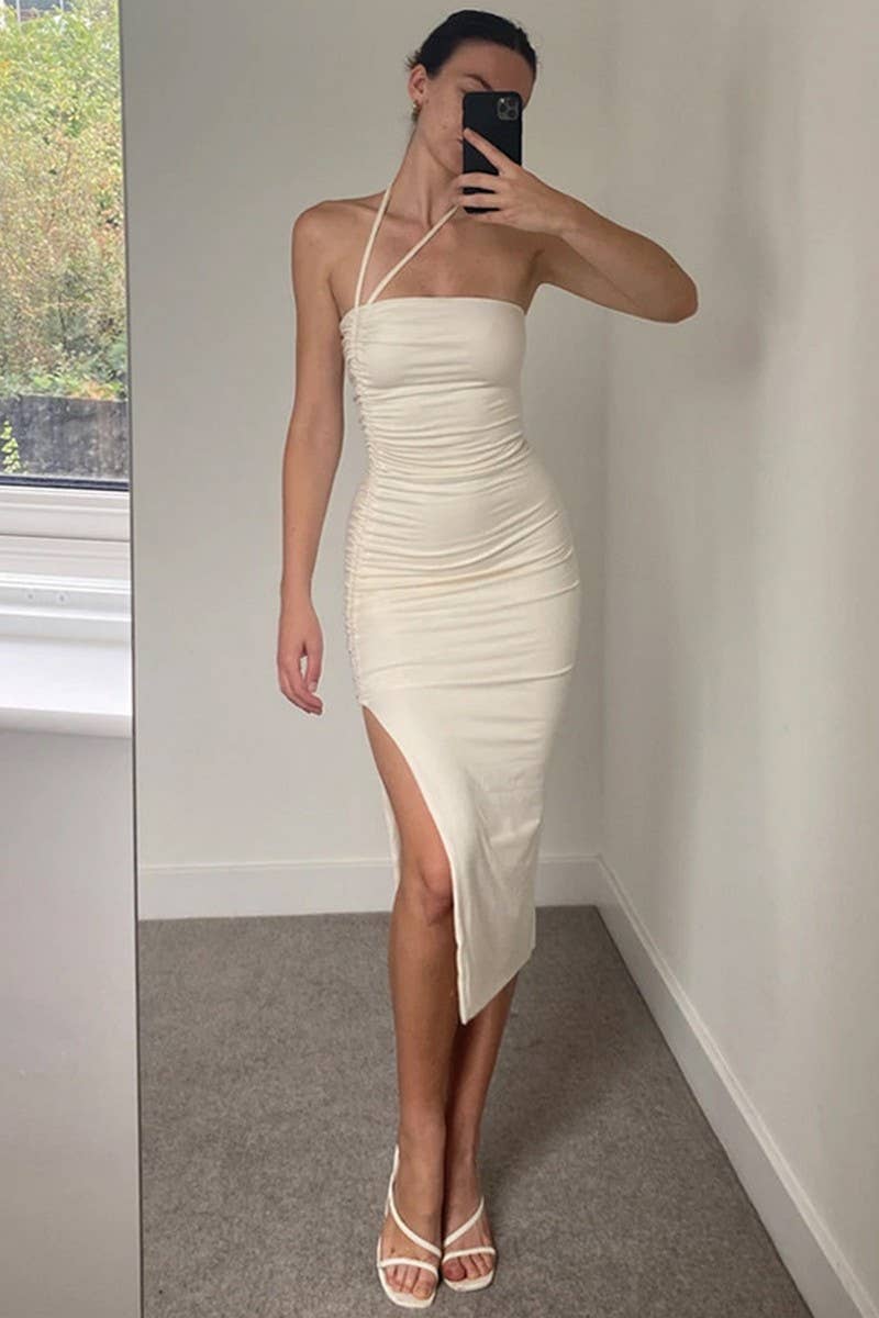 CWDMD4943_PLEATED SLIT BACKLESS BANDEAU SLIM HALTER DRESS