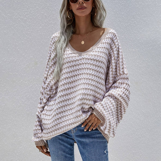 V-neck pullover striped sweater for women