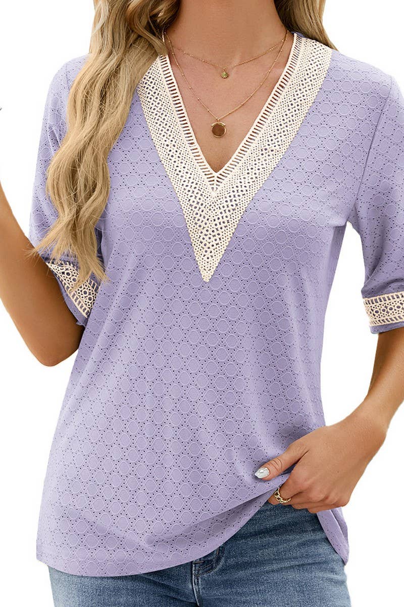 V NECK LACE STITCHING SOLID COLOR LOOSE TOP_CWTSTS0187