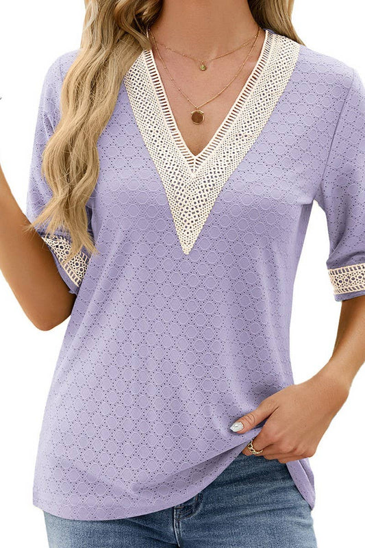 V NECK LACE STITCHING SOLID COLOR LOOSE TOP_CWTSTS0187