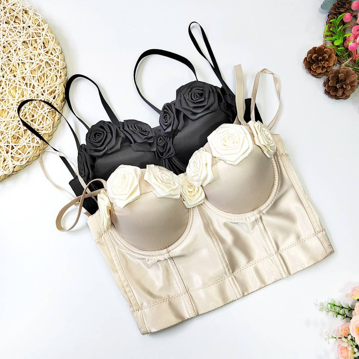 NEW DESIGN SATIN FLOWER HERRINGBONE CORSET