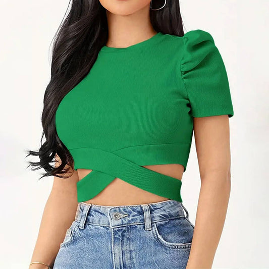 Round neck puffy sleeve crop short top