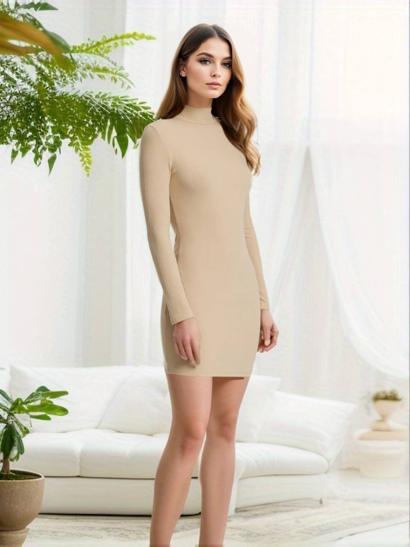 SLIM KNIT RIBBED LONG-SLEEVED SHORT DRESS