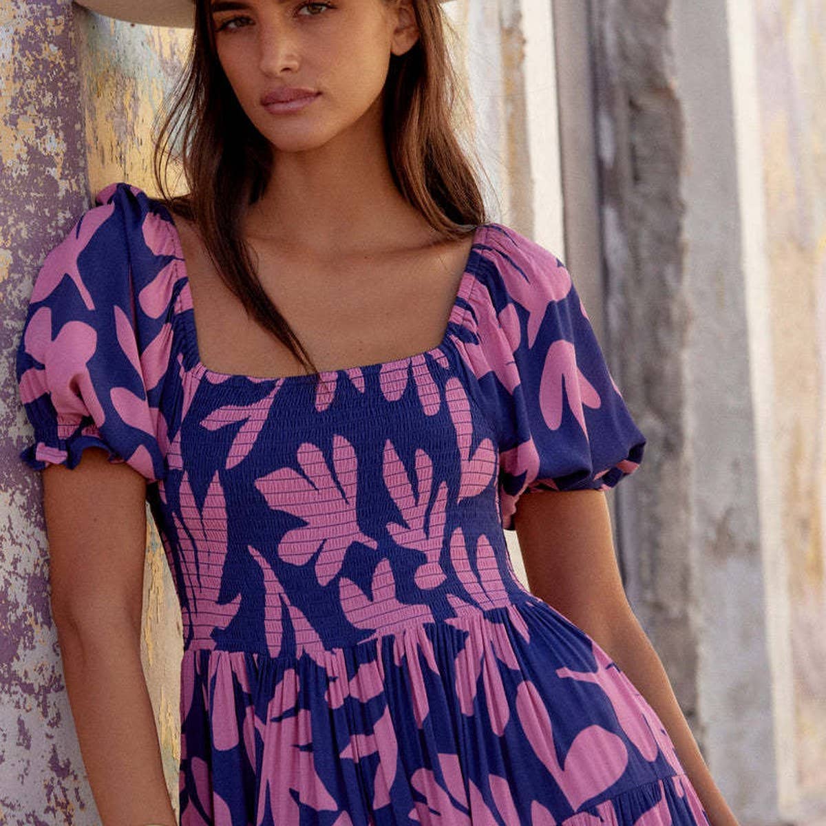 Print puffed sleeve long A-line dress