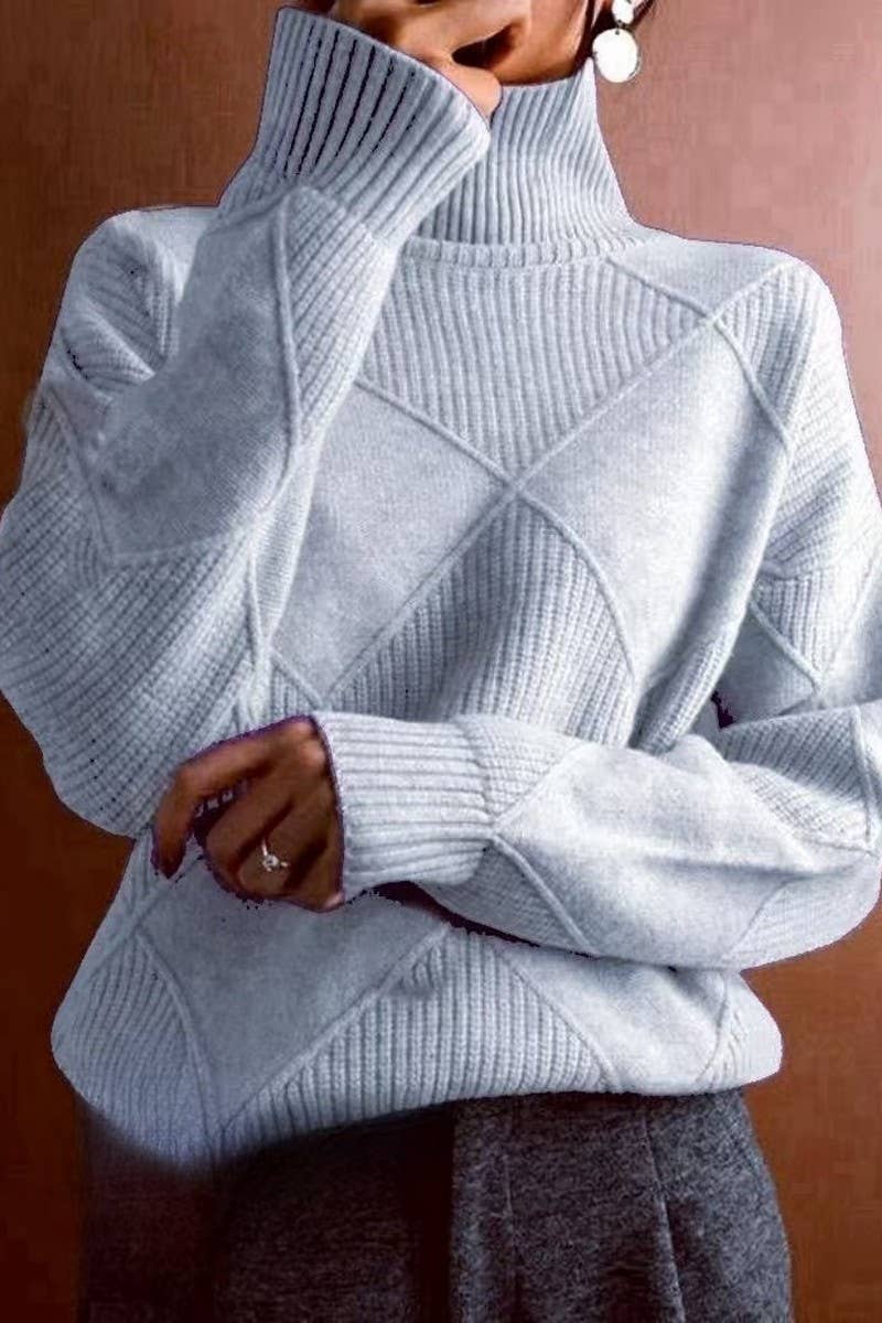 CWOSWL07650_SOLID COLOR HIGH COLLAR DIAMOND CHECK SWEATER