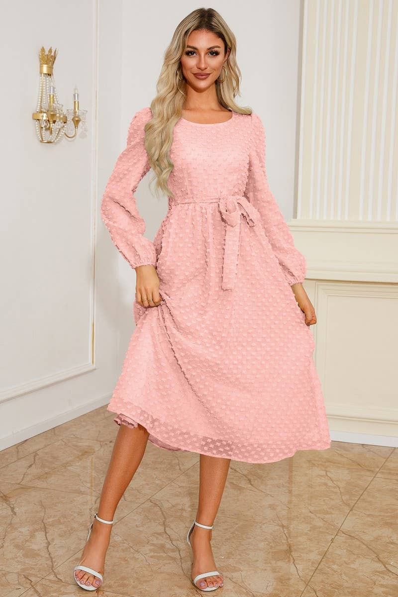 CWDMD3996_ROUND NECK TIE JACQUARD LONG SLEEVE DRESS