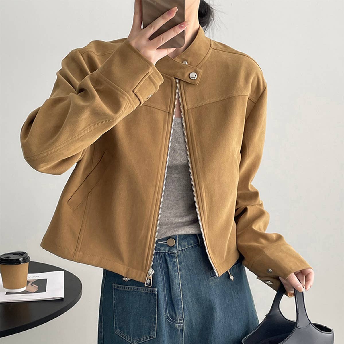 Vintage stand-up collar suede short jacket