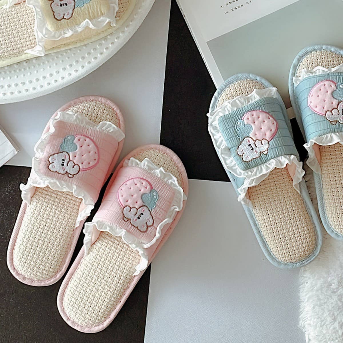 SWEET RUFFLED BREATHABLE LINEN SLIPPERS FOR WOMEN