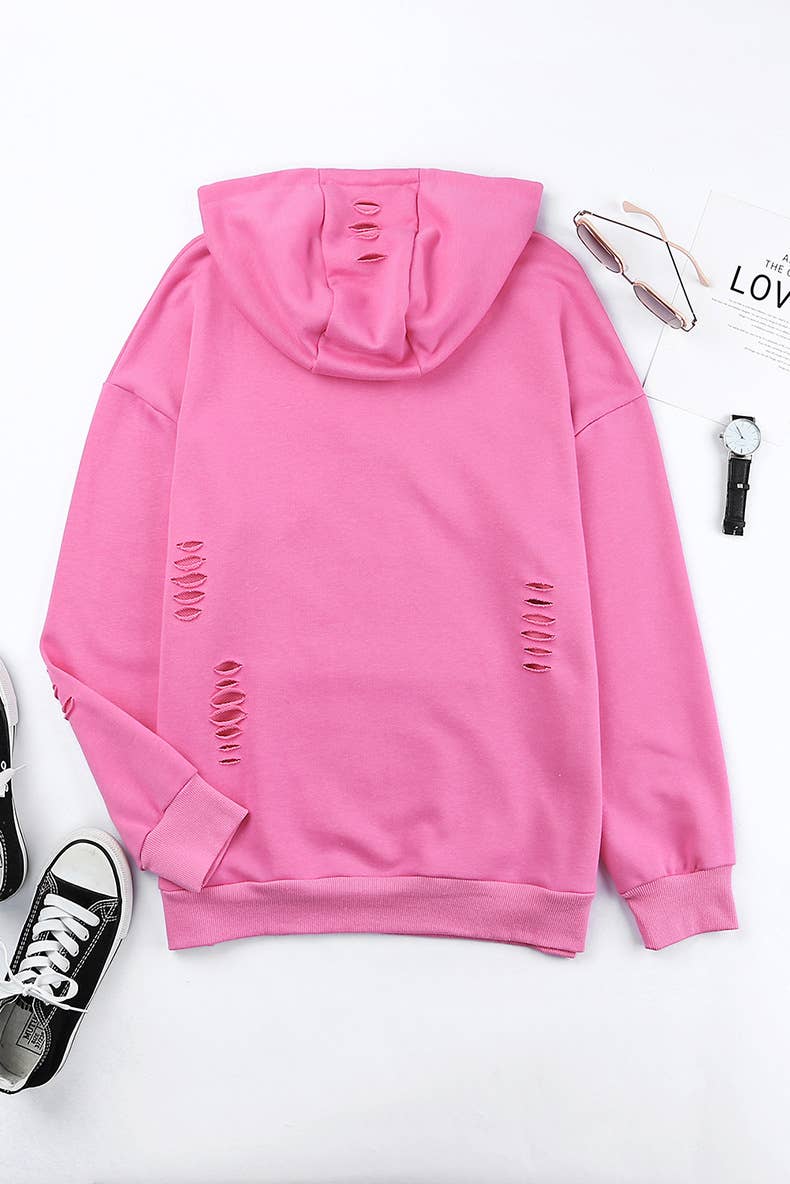 SOLID COLOR ALL-IN-ONE RIPPED HOODIE JUMPER