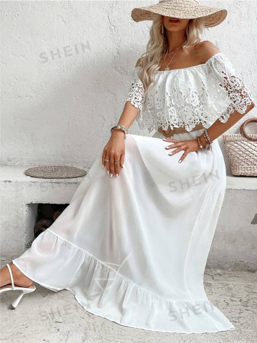 Off-the-shoulder lace patchwork ruffled dress