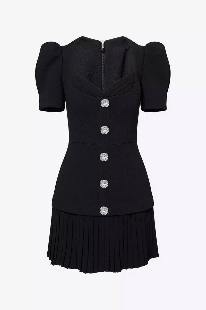 CWDSD8884_VINTAGE BUTTON PUFF SLEEVE BLACK MINI DRESS