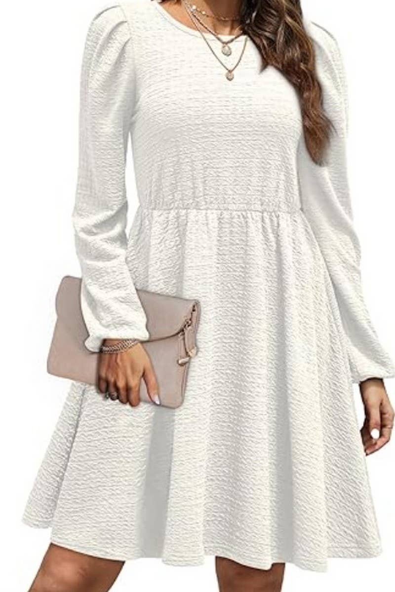 CWDSD10646_PUFF SLEEVE ROUND NECK HIGH WAIST DRESS