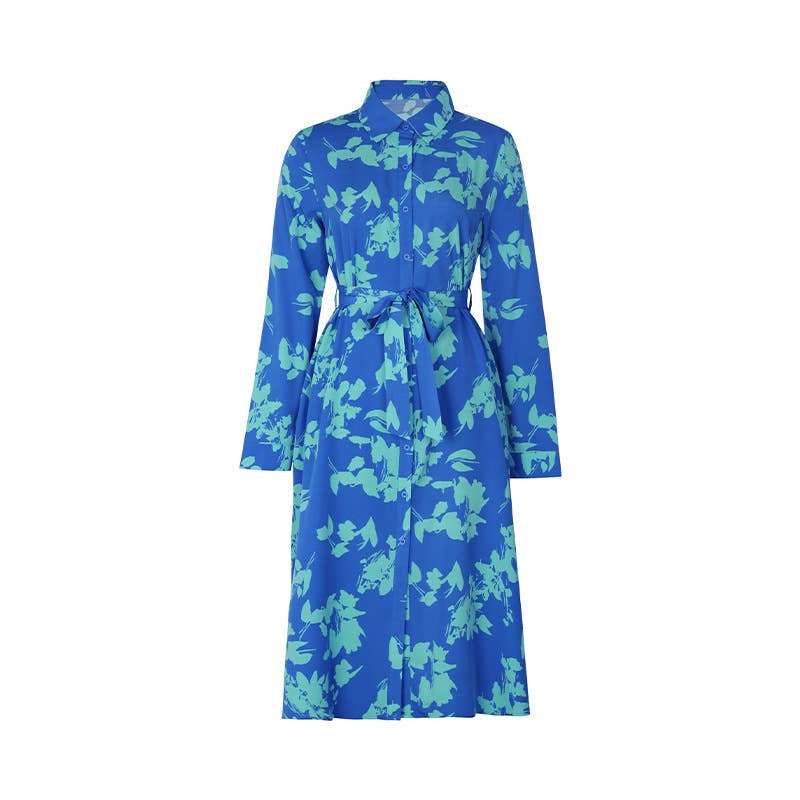 Printed lapel shirt dress