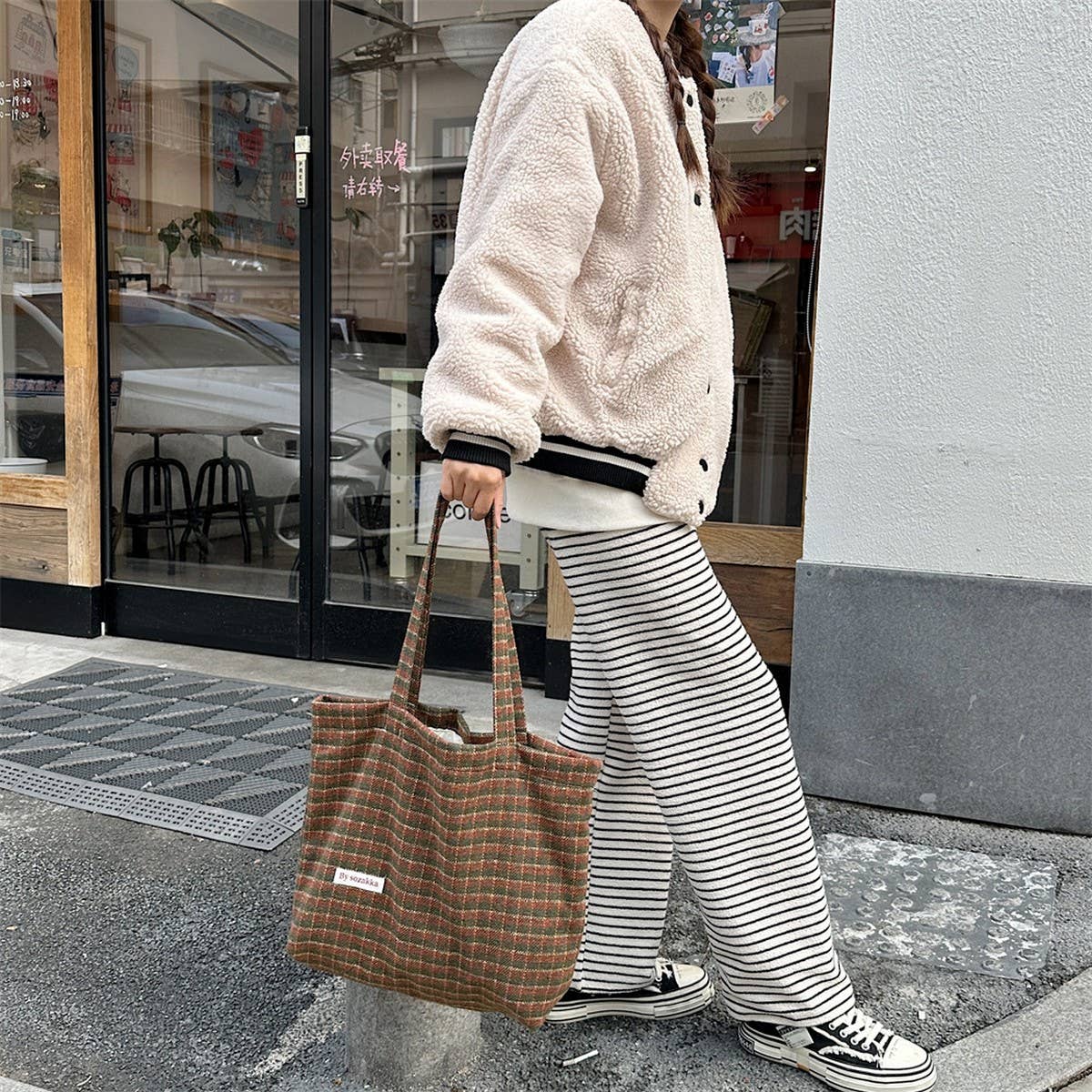 CWAB3897_LARGE CAPACITY VINTAGE PLAID TOTE SHOULDER BAG