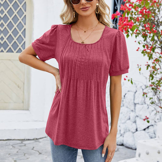 ROUND NECK PULLED LOOSE SHORT SLEEVE TOP