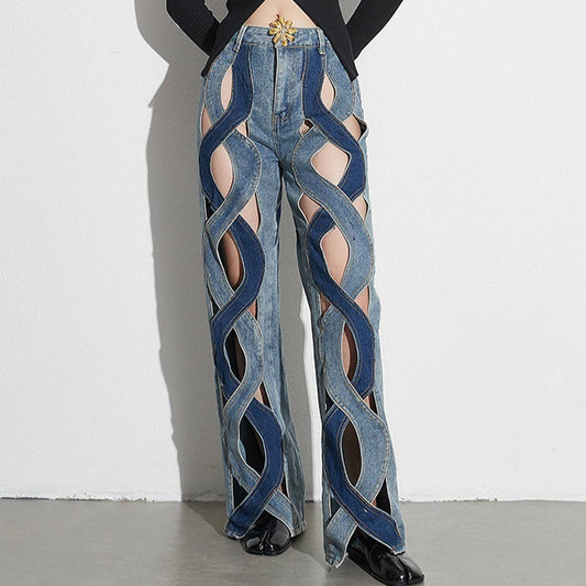 SPLICED CONTRASTING HOLLOW OUT JEANS_CWJP0189