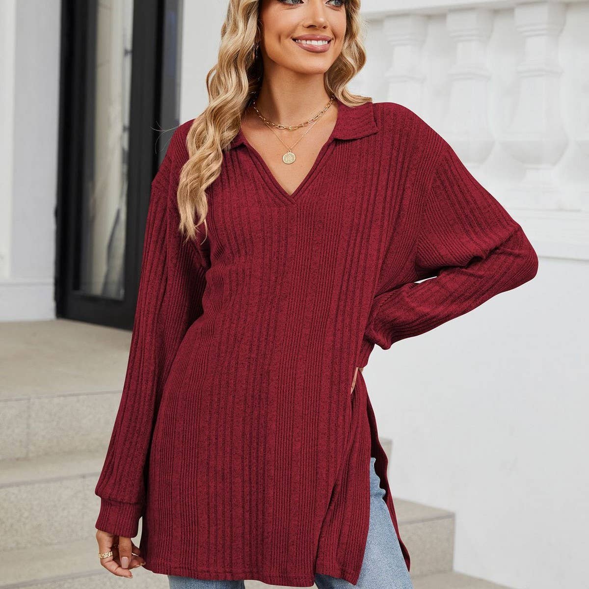 Lapel slit long sleeve loose long T-shirt