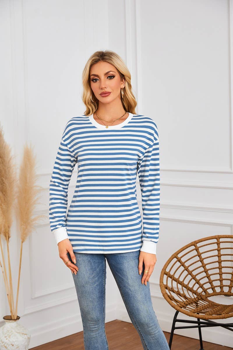 STRIPED CREW-NECK LONG-SLEEVED PULLOVER HOODIE