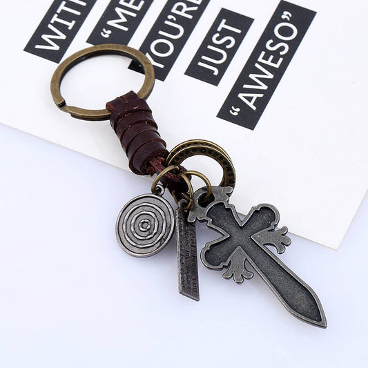 VINTAGE BRAIDED CROSS LEATHER KEYCHAIN