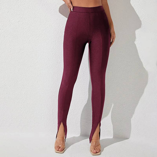 Fashion solid color small feet open flared pants