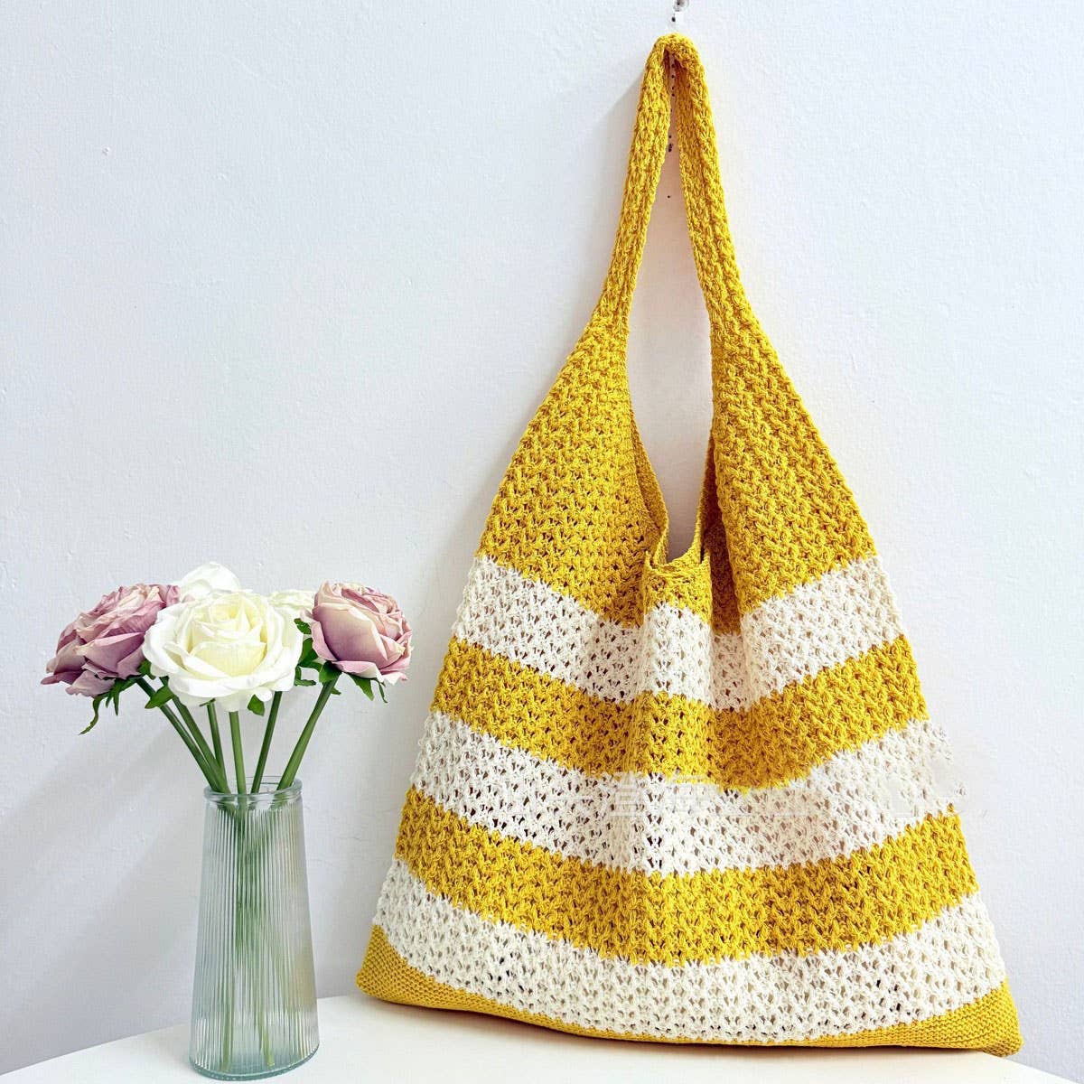 CUAB00629_2025 STRIPED WOVEN TOTE BAG LARGE CAPACITY SHOULDE