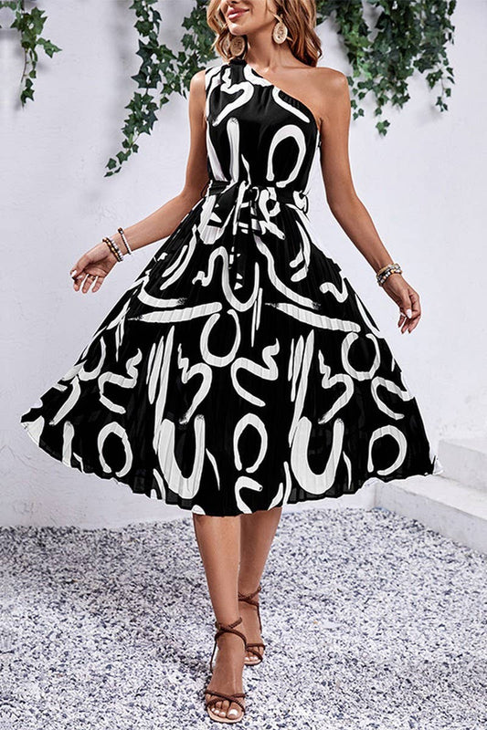 PRINTED LETTER INCLINED SHOULDER SLEEVELESS DRESS_CWDSD2904